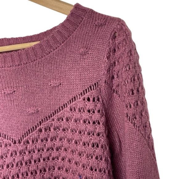 LUCKY BRAND | Mauve Chunky Open Knit Balloon Sleeve Crew Neck Sweater | Size S - Picture 4 of 13